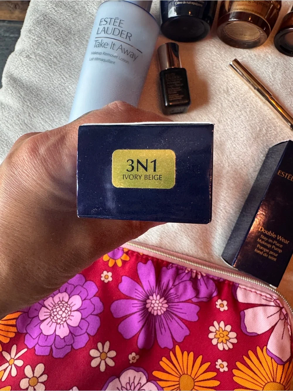 Estee Lauder Floral Cosmetic Pouch - Pink, Purple & Orange & makeup bundle